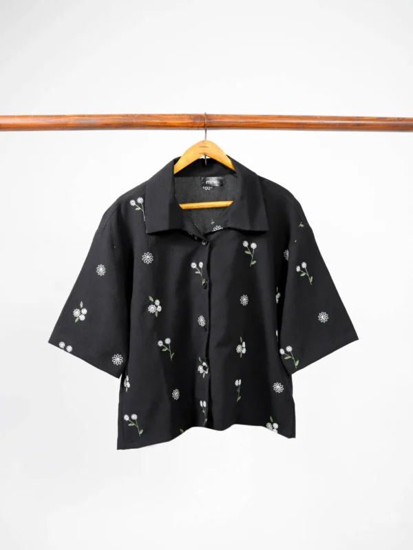 Black Embroidered Cropped Shirt