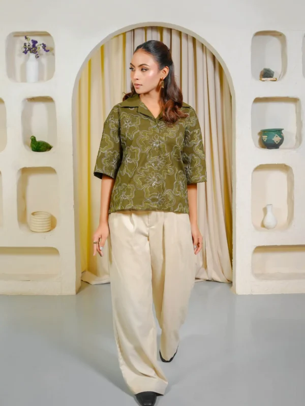 Olive Green Embroidered Cropped Shirt